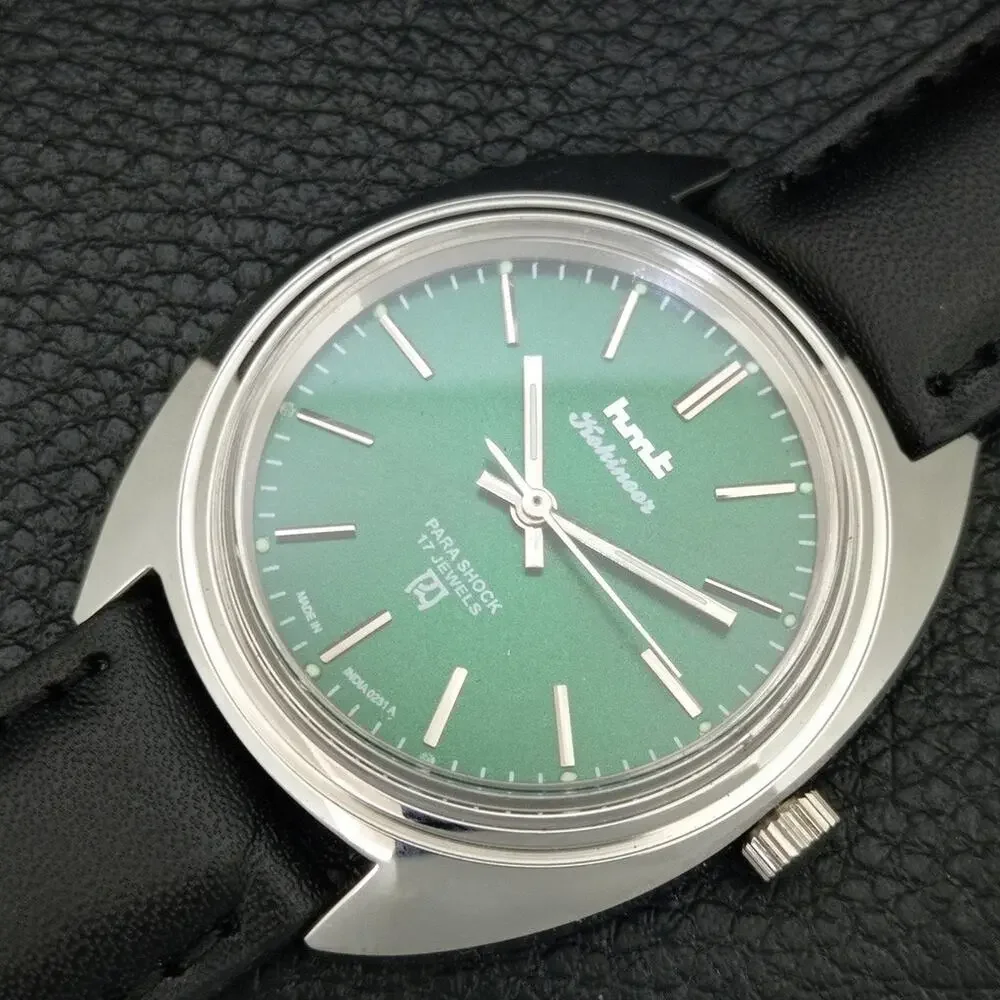 Vintage 1974 HMT Manual Wound Mens Silver Watch & Green accents